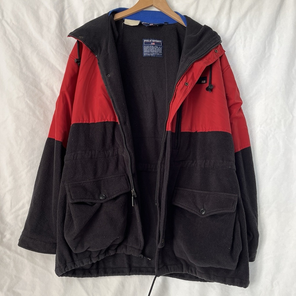 Polo Sport Ralph Lauren Jacket Men L Red Black Fleece Nylon Hooded Vintage 90s - Picture 4 of 16